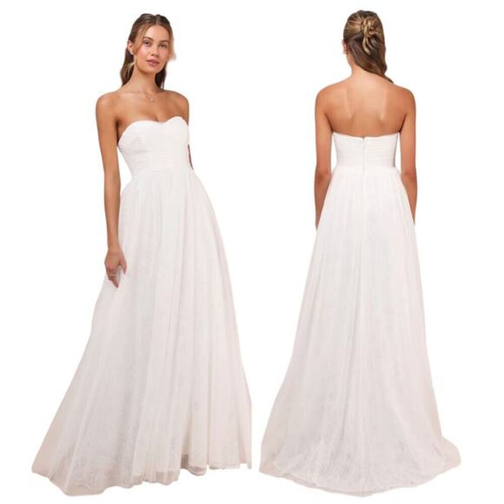 Lulus Blissful Forever White Tulle Lace Strapless Pleated Maxi Dress size S NWT